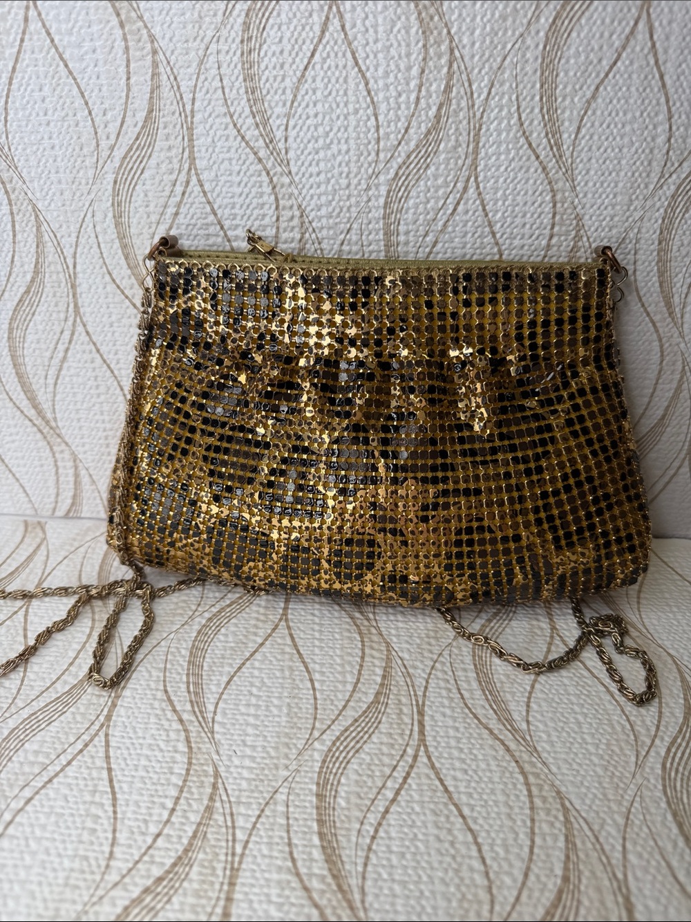 Gold Metal Mesh Evening Bag with Chain